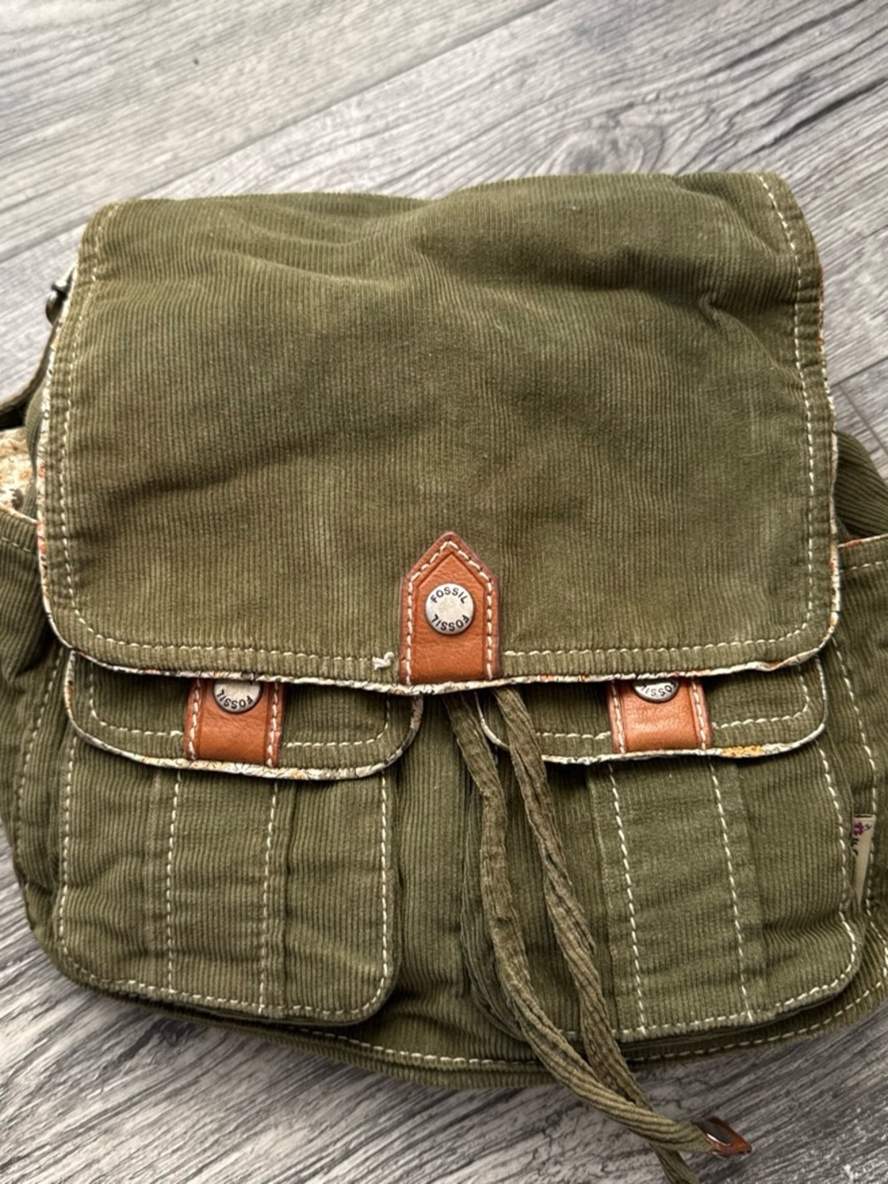 Fossil Olive Green Corduroy Crossbody Backpack with Leather Trim